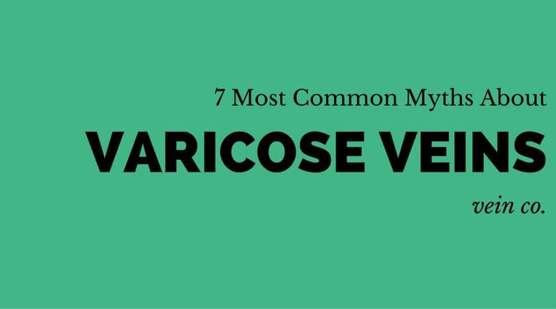 A teal-colored graphic with the text "7 Most Common Myths About VARICOSE VEINS" and a small "vein co." logo.