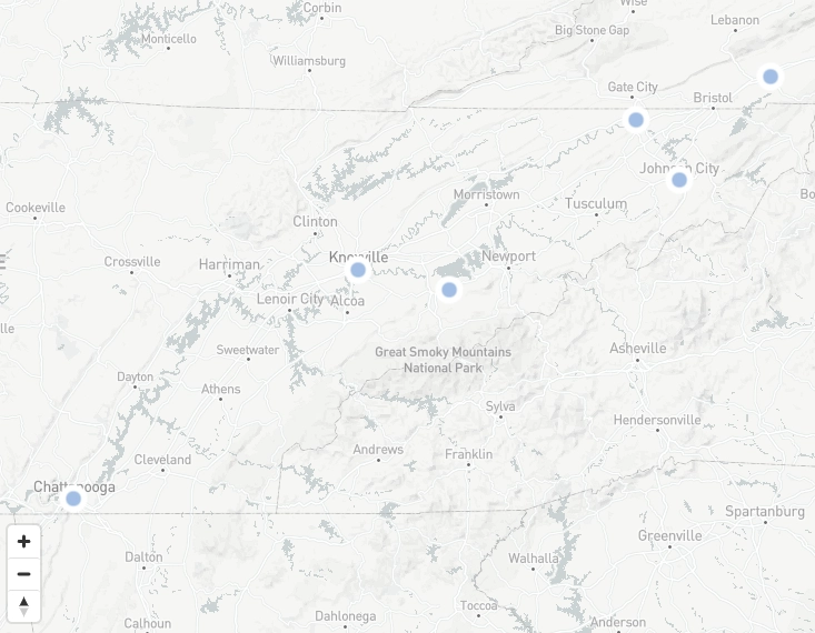A simplified, stylized regional map of East Tennessee and Southwest Virginia, showing the various clinic locations for The Vein Company marked with blue icons.